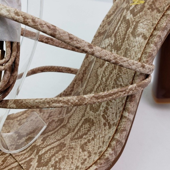 Miss Lola Rayez Womens Sz 8 Tan Snake Skin Pattern Ankle Ties 4.75" Heel Sandals - Picture 10 of 11